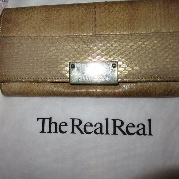 Jimmy Choo Gold c Snakeskin Long Bifold Wallet Gold Tone Hardware EUC - Picture 1 of 12